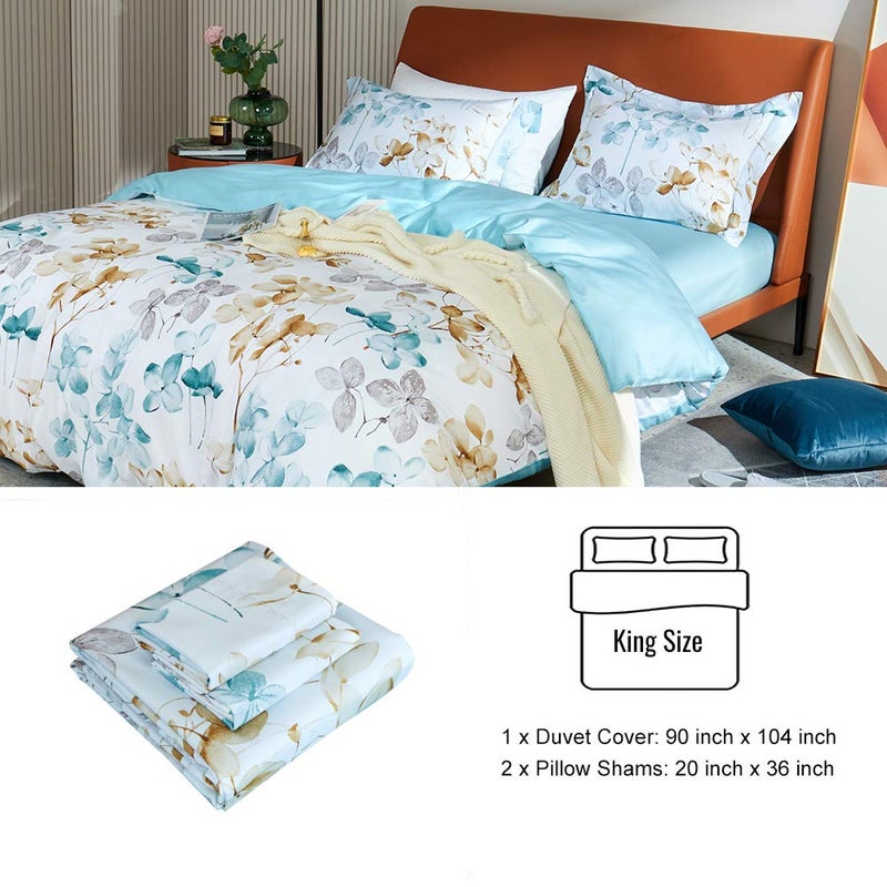 MILDLY 100% Long Staple Cotton Duvet Cover Set Blue Leaves Printed Comforter Cover Set Watercolor Plant Bedding - Image 4